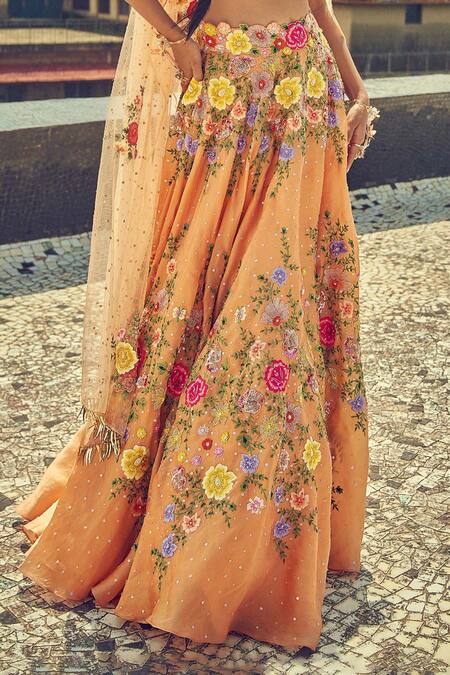 Surily G_Peach Satin, Organza Sequins, Beads, Floral Thread Embroidered Lehenga Skirt _Online_at_Aza_Fashions