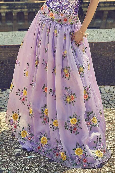 Surily G_Purple Satin, Organza Sequins, Beads, Pearls Botanical Embroidered Lehenga _Online_at_Aza_Fashions