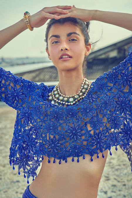 Surily G_Blue Organza Embroidered Floral Round Cutwork Crop Top  _Online_at_Aza_Fashions
