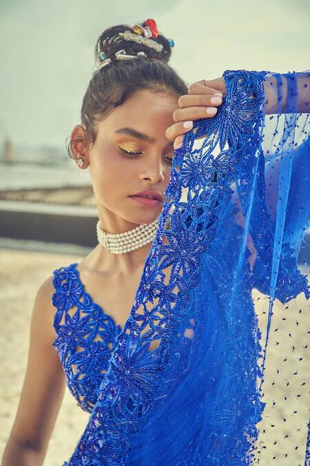 Buy_Surily G_Blue Net Cut Work Floral Embroidered Pre-draped Saree _Online_at_Aza_Fashions