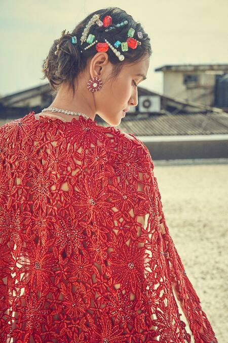 Surily G_Maroon Organza Embroidered Floral Open Cutwork Cape  _Online_at_Aza_Fashions