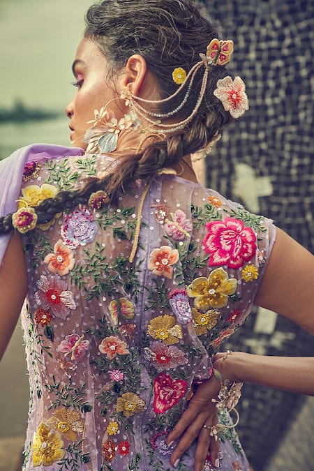 Buy_Surily G_Purple Organza Embroidered Thread Kurta Round Neck Floral Straight  _Online_at_Aza_Fashions