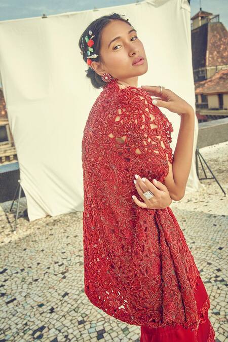 Buy_Surily G_Maroon Organza Embroidered Floral Open Cutwork Cape  _Online_at_Aza_Fashions