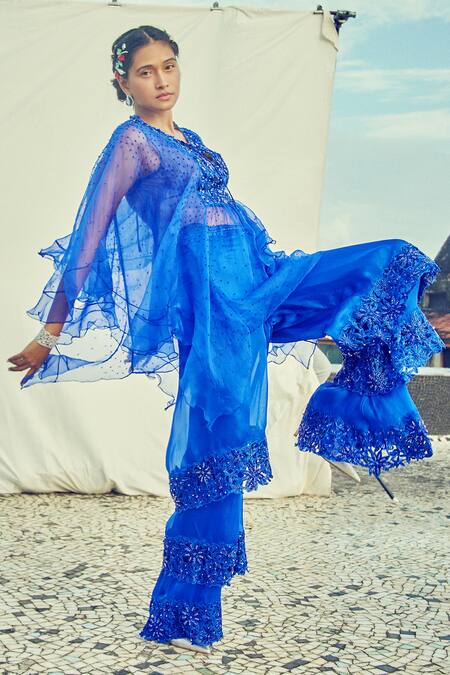 Surily G_Blue Satin Organza Embroidered Floral Cutwork Ruffle Layered Sharara  _Online_at_Aza_Fashions