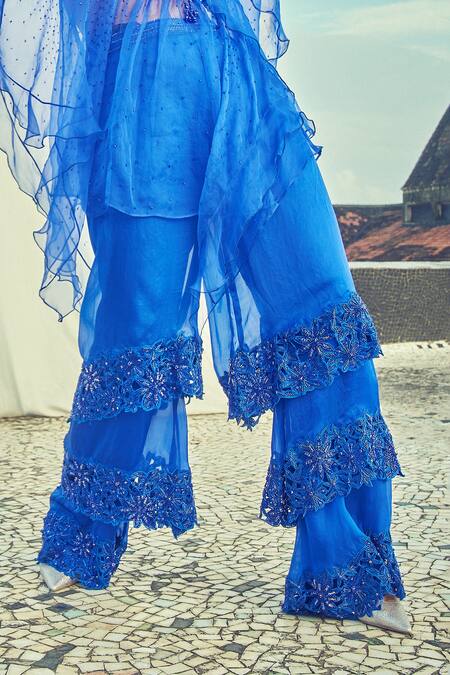 Buy_Surily G_Blue Satin Organza Embroidered Floral Cutwork Ruffle Layered Sharara  _Online_at_Aza_Fashions