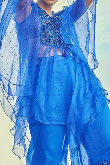 Shop Surily G Blue Organza Embroidered Floral V Neck Cutwork Ruffled Kaftan Tunic Online at Aza Fashions Shop_Surily G_Blue Organza Embroidered Floral V Neck Cutwork Ruffled Kaftan Tunic _Online_at_Aza_Fashions