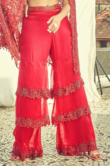 Surily G Maroon Satin Organza Embroidered Floral Cutwork Layered Sharara Online at Aza Fashions Surily G_Maroon Satin Organza Embroidered Floral Cutwork Layered Sharara _Online_at_Aza_Fashions