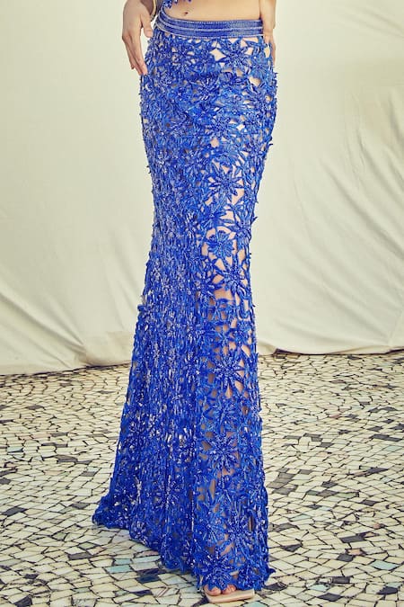 Surily G_Blue Organza Embroidered Floral Cutwork Skirt  _Online_at_Aza_Fashions