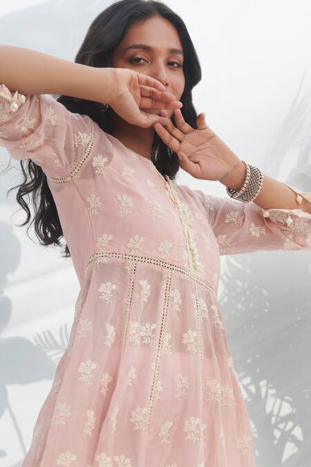 Mulmul_Pink 100% Pure Mulmul Embroidered Floral Surla Anarkali With Pant _Online_at_Aza_Fashions