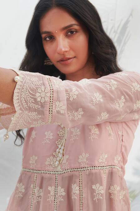 Buy_Mulmul_Pink 100% Pure Mulmul Embroidered Floral Surla Anarkali With Pant _Online_at_Aza_Fashions