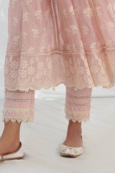 Shop_Mulmul_Pink 100% Pure Mulmul Embroidered Floral Surla Anarkali With Pant _Online_at_Aza_Fashions