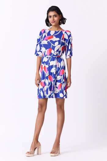 Scarlet Sage_Blue Polyester Boat Neck Susan Leaf Print Dress_Online_at_Aza_Fashions