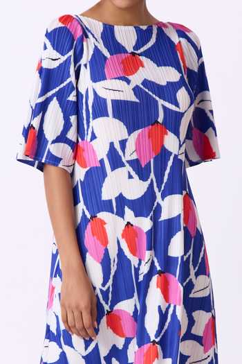 Buy_Scarlet Sage_Blue Polyester Boat Neck Susan Leaf Print Dress_Online_at_Aza_Fashions