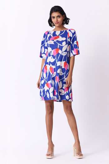 Shop_Scarlet Sage_Blue Polyester Boat Neck Susan Leaf Print Dress_Online_at_Aza_Fashions