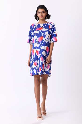 Scarlet Sage_Blue Polyester Boat Neck Susan Leaf Print Dress_at_Aza_Fashions