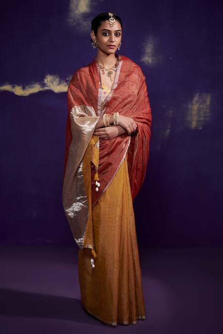 Dressfolk_Gold Handloom Tissue Hand Woven Dual Shaded Saree With Running Blouse_Online_at_Aza_Fashions