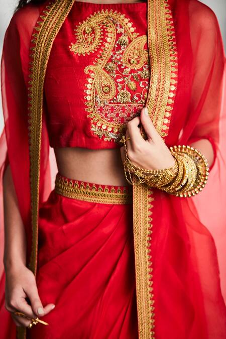 Tisha Saksena_Red Silk, Organza Embroidery Square Neck Saro Crop Top Draped Skirt Set _Online_at_Aza_Fashions