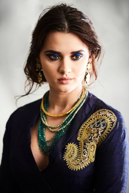 Tisha Saksena_Blue Silk, Crepe Zari, Embroidery Plunge Neck Koyari Jacket And Dhoti Pant Set _Online_at_Aza_Fashions