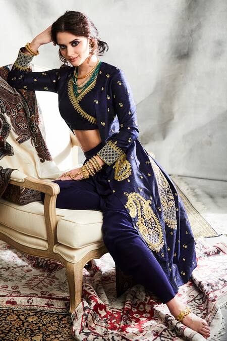 Tisha Saksena_Blue Silk, Crepe Embroidery V-, Open Kalka Jacket Dhoti Pant Set _Online_at_Aza_Fashions