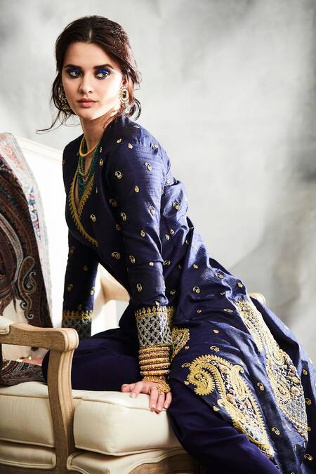 Buy_Tisha Saksena_Blue Silk, Crepe Embroidery V-, Open Kalka Jacket Dhoti Pant Set _Online_at_Aza_Fashions