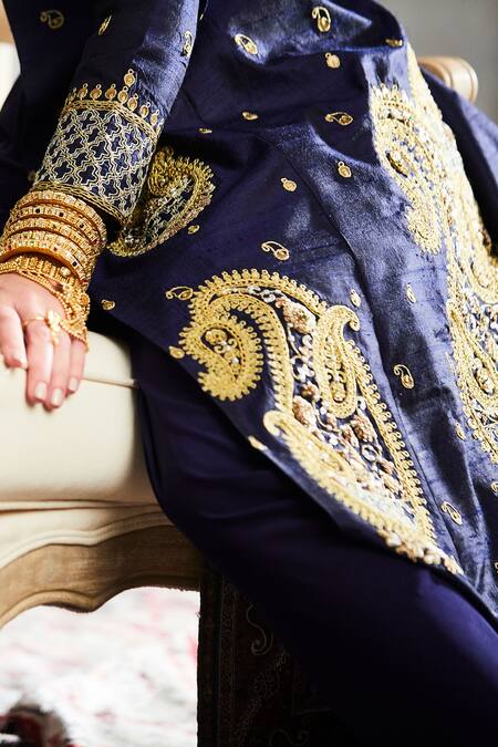 Shop_Tisha Saksena_Blue Silk, Crepe Embroidery V-, Open Kalka Jacket Dhoti Pant Set _Online_at_Aza_Fashions