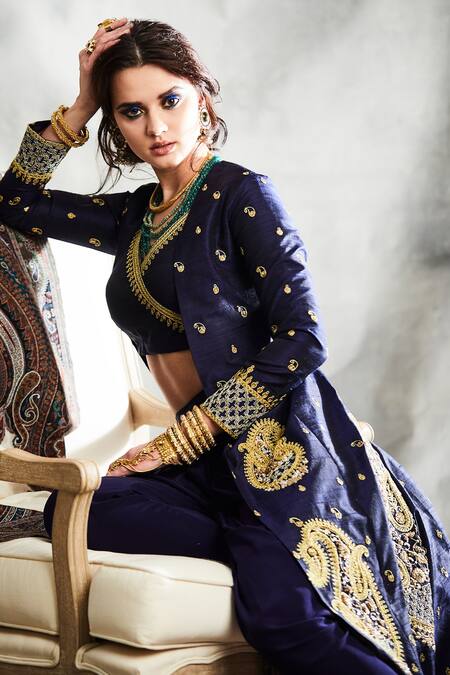 Tisha Saksena_Blue Silk, Crepe Embroidery V-, Open Kalka Jacket Dhoti Pant Set _at_Aza_Fashions