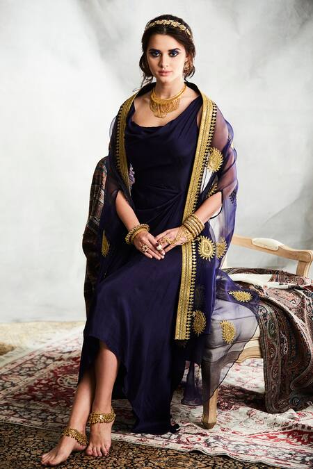 Tisha Saksena_Blue Silk, Organza Zari Scoop Neck Safavid Draped Dress With Cape _Online_at_Aza_Fashions