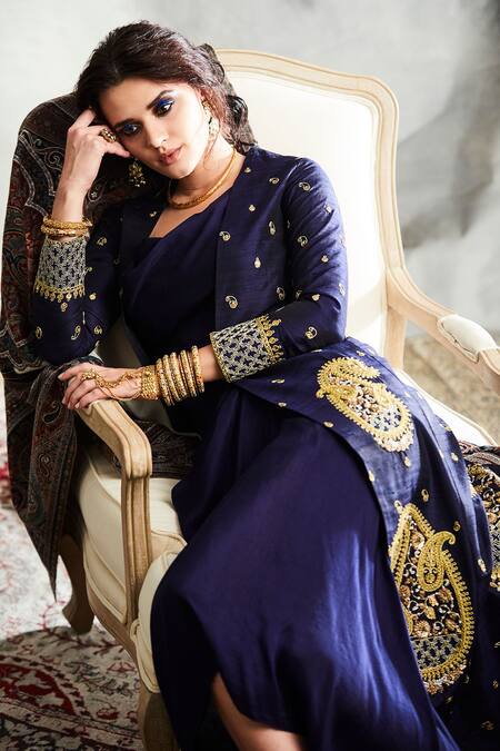 Tisha Saksena_Blue Denim, Silk Embroidery Scoop , Open Draped Dress With Jacket _Online_at_Aza_Fashions