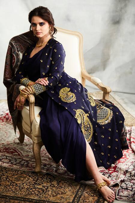 Buy_Tisha Saksena_Blue Denim, Silk Embroidery Scoop , Open Draped Dress With Jacket _Online_at_Aza_Fashions