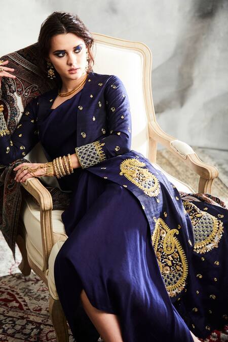 Tisha Saksena_Blue Denim, Silk Embroidery Scoop , Open Draped Dress With Jacket _at_Aza_Fashions