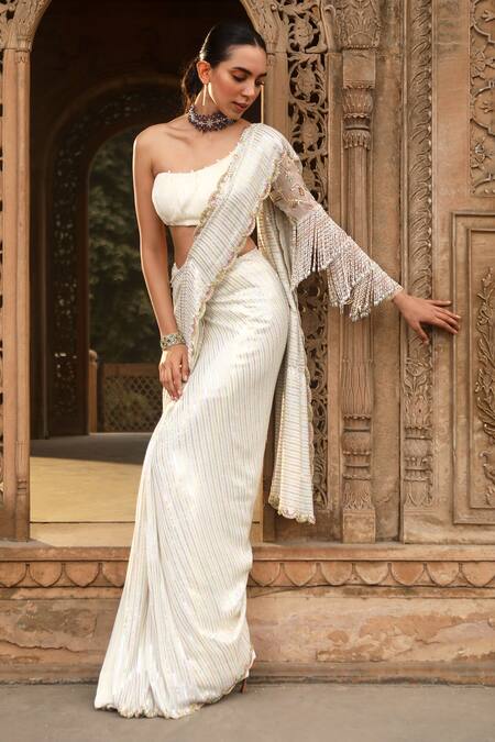 Buy Dheeru Taneja Ivory Georgette, Organza Beads One Taabir Pre-draped Saree With Blouse Online at Aza Fashions Buy_Dheeru Taneja_Ivory Georgette, Organza Beads One Taabir Pre-draped Saree With Blouse _Online_at_Aza_Fashions