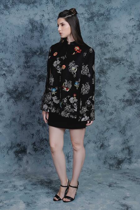 Taroob_Black Woollen Flower Embroidered Cape_Online_at_Aza_Fashions