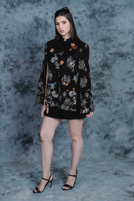 Buy_Taroob_Black Woollen Flower Embroidered Cape_Online_at_Aza_Fashions