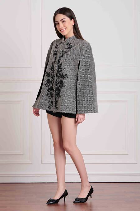 Buy Taroob Grey Quality - Wool Blend Chevron, Floral Chinese Collar Pattern Work Cape Online at Aza Fashions Buy_Taroob_Grey Quality - Wool Blend Chevron, Floral Chinese Collar Pattern Work Cape_Online_at_Aza_Fashions