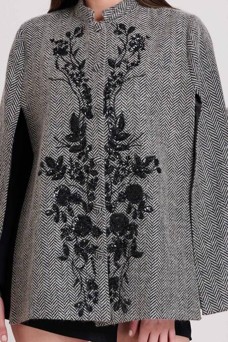 Shop Taroob Grey Quality - Wool Blend Chevron, Floral Chinese Collar Pattern Work Cape Online at Aza Fashions Shop_Taroob_Grey Quality - Wool Blend Chevron, Floral Chinese Collar Pattern Work Cape_Online_at_Aza_Fashions