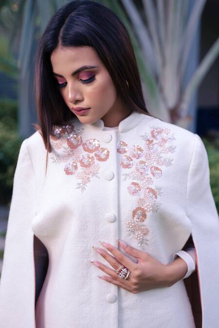 Taroob_White Woollen Cutdana And Sequin Work Handwoven Cape_Online_at_Aza_Fashions