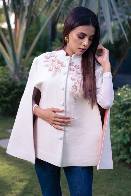 Buy_Taroob_White Woollen Cutdana And Sequin Work Handwoven Cape_Online_at_Aza_Fashions