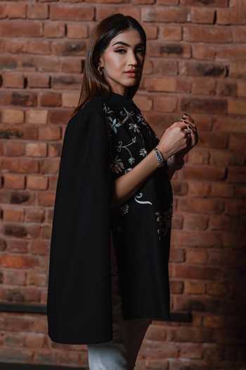 Taroob_Black Wool Cashmere Floral Vines Hand Embroidered Cape_Online_at_Aza_Fashions