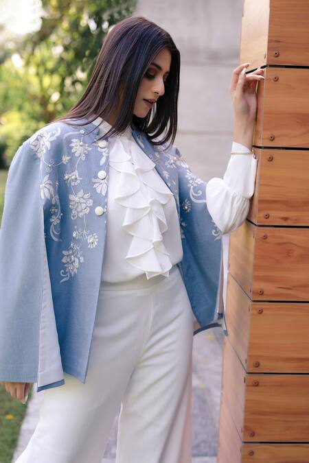 Taroob_Blue Wool/cashmere Floral Chinese Collar Vines Hand Embroidered Cape_Online_at_Aza_Fashions