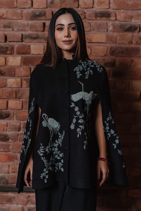 Taroob Black Wool Flamingo Chinese Collar Embroidered Swarovski Cape Online at Aza Fashions Taroob_Black Wool Flamingo Chinese Collar Embroidered Swarovski Cape_Online_at_Aza_Fashions