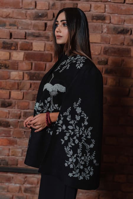 Buy Taroob Black Wool Flamingo Chinese Collar Embroidered Swarovski Cape Online at Aza Fashions Buy_Taroob_Black Wool Flamingo Chinese Collar Embroidered Swarovski Cape_Online_at_Aza_Fashions