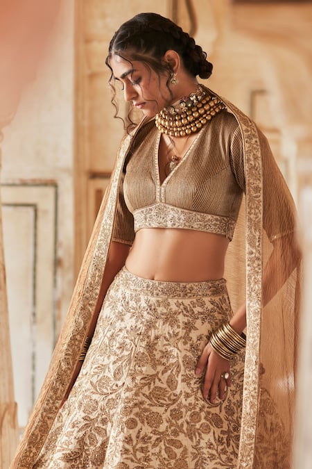 Taisha Brown Silk, Tussar Embroidery, Sequins, Botanical Jaal Hand Bridal Lehenga Set at Aza Fashions Taisha_Brown Silk, Tussar Embroidery, Sequins, Botanical Jaal Hand Bridal Lehenga Set _at_Aza_Fashions