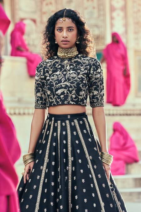 Taisha Black Silk Embroidery Round Neck Forest Jaal Blouse at Aza Fashions Taisha_Black Silk Embroidery Round Neck Forest Jaal Blouse _at_Aza_Fashions