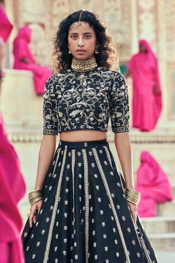 Taisha_Black Kota Doria, , Organza Zari, Sequins, Handwoven And Lehenga Set _at_Aza_Fashions