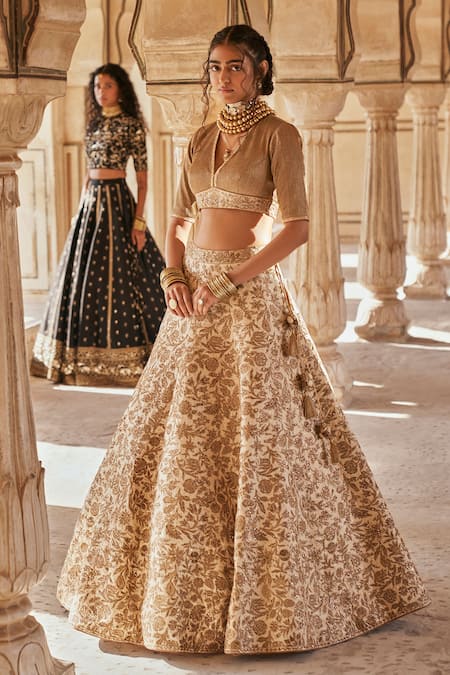 Buy Taisha Brown Silk, Tussar Embroidery, Sequins, Botanical Jaal Hand Bridal Lehenga Set Buy_Taisha_Brown Silk, Tussar Embroidery, Sequins, Botanical Jaal Hand Bridal Lehenga Set