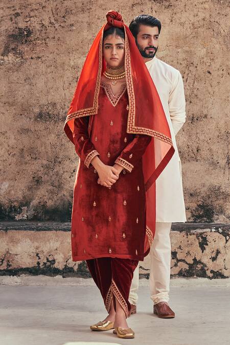 Shop_Taisha_Orange Silk, Velvet Embroidery Pure Dhoti Pant _Online_at_Aza_Fashions