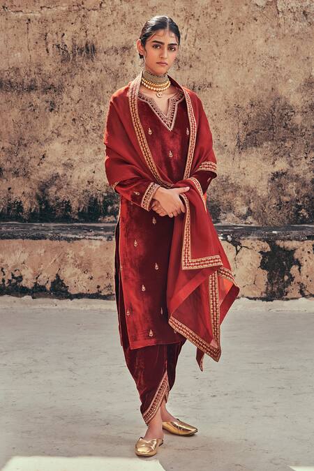 Taisha_Orange Silk, Velvet Embroidery Pure Dhoti Pant _at_Aza_Fashions