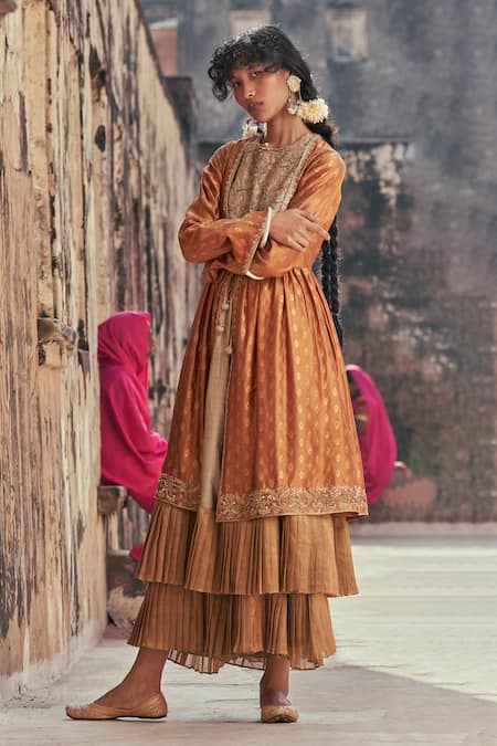Taisha_Gold Kota Doria, Silk Zari, Embroidery Scoop Neck, Handwoven Jacket Anarkali Set _at_Aza_Fashions