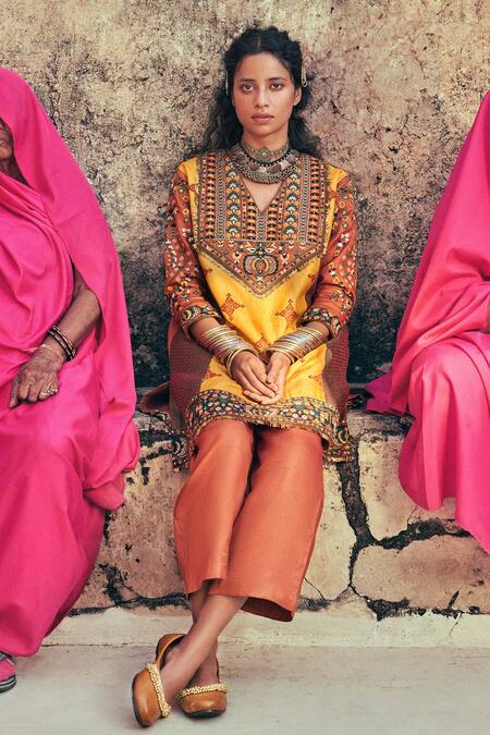 Taisha Multi Color Tussar, Silk Sequins, Tassels Thread Work Kurta And Straight Pant Set at Aza Fashions Taisha_Multi Color Tussar, Silk Sequins, Tassels Thread Work Kurta And Straight Pant Set _at_Aza_Fashions