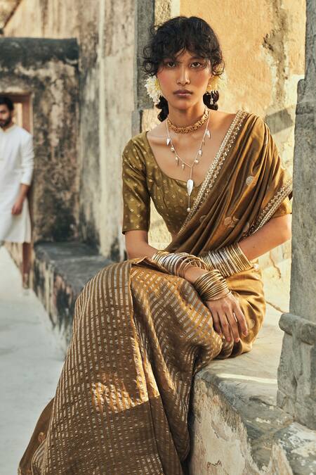 Buy Taisha Green Kota Doria, Silk, Satin Zari, Floral And Striped Woven Saree With Blouse Online at Aza Fashions Buy_Taisha_Green Kota Doria, Silk, Satin Zari, Floral And Striped Woven Saree With Blouse _Online_at_Aza_Fashions